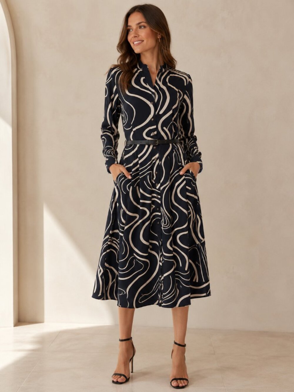 Black Beige Abstract Print Midi Dress with Pockets Size S